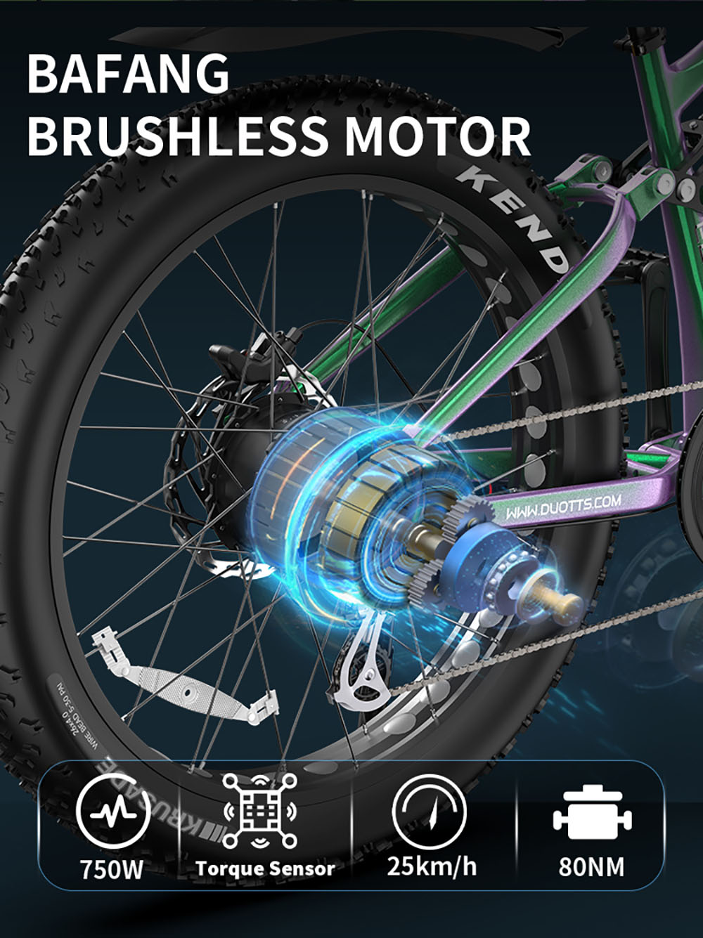 DUOTTS E26 V&eacute;lo &eacute;lectrique, moteur Bafang 750 W, capteur de couple, batterie SAMSUNG 48 V 20 Ah, pneus 26 x 4,0 pouces, vitesse maximale 55 km/h, autonomie maximale 120 km, freins &agrave; disque hydrauliques TEKTRO, suspension avant et arri&egrave;re, Shimano 8 vitesses - Vert Violet