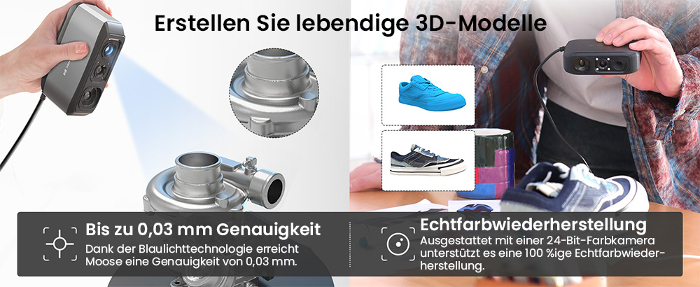 3DMakerpro Moose 3D-Scanner, 0,03 mm Genauigkeit, 0,07 mm Aufl&ouml;sung, blaue LED-Lichtquelle, 24-Bit-Farbkamera, Al Visual Tracking, 10 fps Bildrate, Anti-Shake-Objektive, kompatibel mit Windows/MacOS