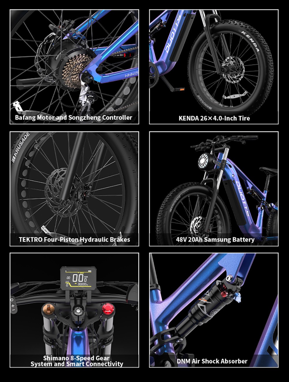 DUOTTS E26 V&eacute;lo &eacute;lectrique, moteur Bafang 750 W, capteur de couple, batterie SAMSUNG 48 V 20 Ah, pneus 26 x 4,0 pouces, vitesse maximale 55 km/h, autonomie maximale 120 km, freins &agrave; disque hydrauliques TEKTRO, suspension avant et arri&egrave;re, Shimano 8 vitesses - Bleu violet