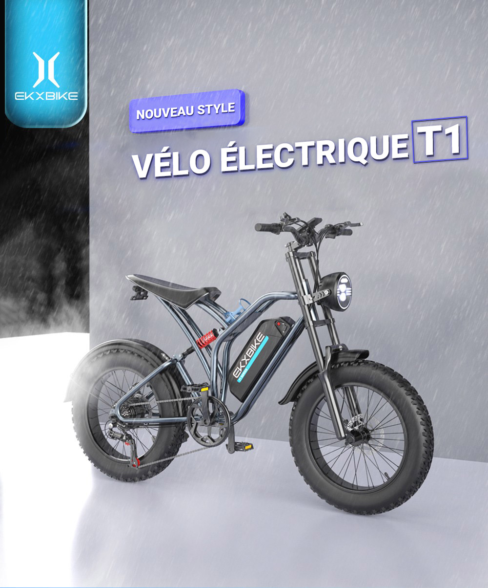 EKXBIKE T1 V&eacute;lo &eacute;lectrique, moteur 1000 W, batterie 48 V 20 Ah, pneu large 20 x 4 pouces, vitesse maximale 50 km/h, autonomie 100 km, freins &agrave; disque, amortisseur hydraulique, Shimano 7 vitesses