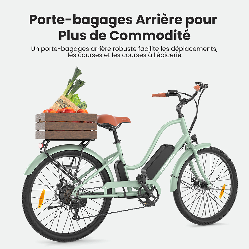 V&eacute;lo &eacute;lectrique Touroll B2, moteur 250 W, batterie 36 V 15,6 Ah, pneus 26 x 2,25 pouces, vitesse maximale 25 km/h, autonomie 100 km, frein &agrave; disque et frein &eacute;lectrique, Shimano 7 vitesses, &eacute;cran LED