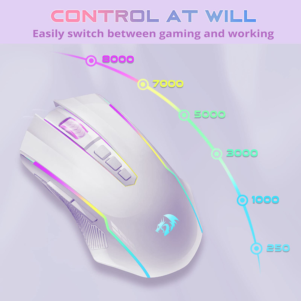 Refurbished Redragon M910-WS RANGER LITE RGB 2.4G Wireless/Wired Double Modes Gaming Mouse 8000 DPI with Rapid Fire Buttons - White
