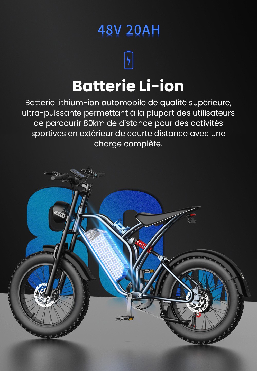 EKXBIKE T1 V&eacute;lo &eacute;lectrique, moteur 1000 W, batterie 48 V 20 Ah, pneu large 20 x 4 pouces, vitesse maximale 50 km/h, autonomie 100 km, freins &agrave; disque, amortisseur hydraulique, Shimano 7 vitesses