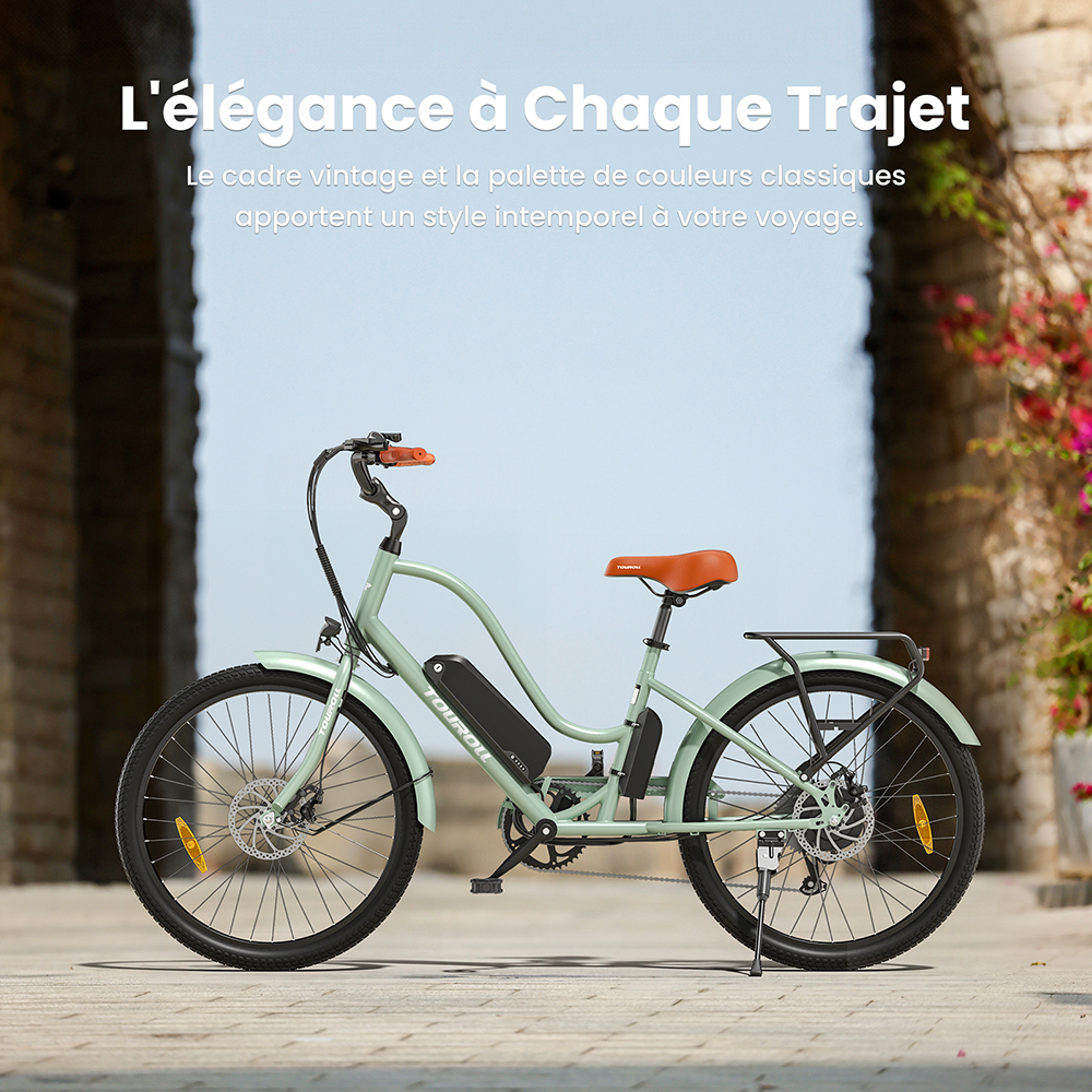 V&eacute;lo &eacute;lectrique Touroll B2, moteur 250 W, batterie 36 V 15,6 Ah, pneus 26 x 2,25 pouces, vitesse maximale 25 km/h, autonomie 100 km, frein &agrave; disque et frein &eacute;lectrique, Shimano 7 vitesses, &eacute;cran LED