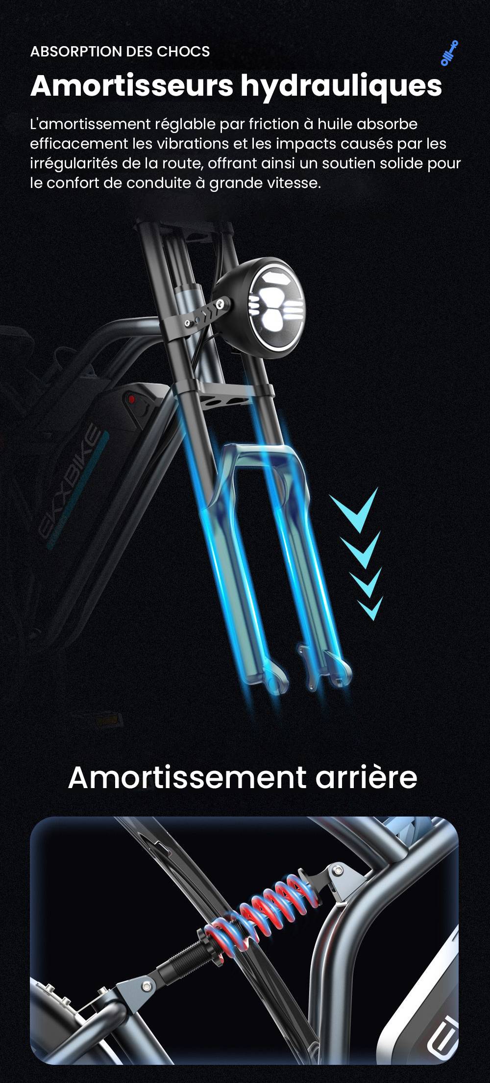 EKXBIKE T1 V&eacute;lo &eacute;lectrique, moteur 1000 W, batterie 48 V 20 Ah, pneu large 20 x 4 pouces, vitesse maximale 50 km/h, autonomie 100 km, freins &agrave; disque, amortisseur hydraulique, Shimano 7 vitesses