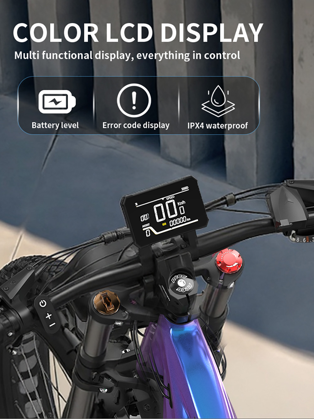 DUOTTS E26 V&eacute;lo &eacute;lectrique, moteur Bafang 750 W, capteur de couple, batterie SAMSUNG 48 V 20 Ah, pneus 26 x 4,0 pouces, vitesse maximale 55 km/h, autonomie maximale 120 km, freins &agrave; disque hydrauliques TEKTRO, suspension avant et arri&egrave;re, Shimano 8 vitesses - Bleu violet