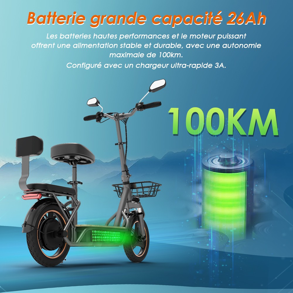 (Version am&eacute;lior&eacute;e) Trottinette &eacute;lectrique KuKirin C1 Pro, moteur 500 W, batterie 48 V 26 Ah, pneu pneumatique 14 pouces, vitesse maximale 45 km, autonomie 100 km, pliage en un clic, si&egrave;ge arri&egrave;re et panier de rangement avant, r&eacute;troviseur