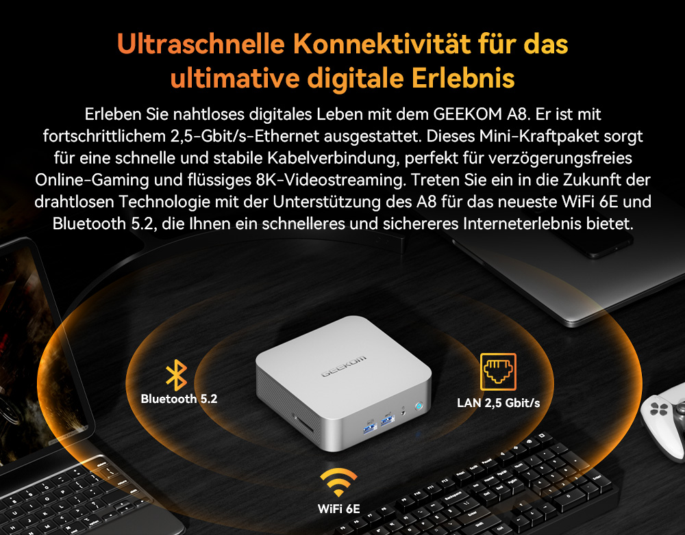 GEEKOM A8 AI Mini-PC, AMD Ryzen 7 8845HS 8 Kerne, max. 5,1 GHz, 32 GB RAM, 1 TB SSD, USB 3.2 Typ C (8K bei 30 Hz) + USB 4.0 Typ C (8K bei 30 Hz) + 2 * HDMI 2.0 (4K bei 60 Hz) Vierfach-Bildschirmanzeige, WiFi 6E Bluetooth 5.2, 3 * USB 3.2 Typ A, 1 * USB 2.0, 1 * RJ45, 1 * Headset-Buchse