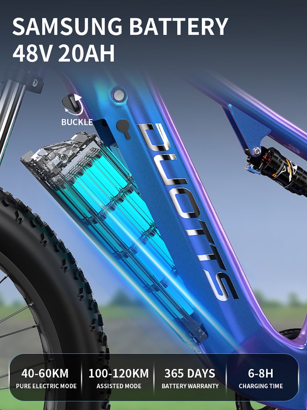 DUOTTS E26 Elektrofahrrad, 750 W Motor, 48 V 20 Ah Akku, 26 x 4,0 Zoll Reifen, 55 km/h Höchstgeschwindigkeit, 120 km Maximale Reichweite, Hydraulische Scheibenbremsen, Vorder- und Hinterradfederung, Shimano 8-Gang - Blau Lila