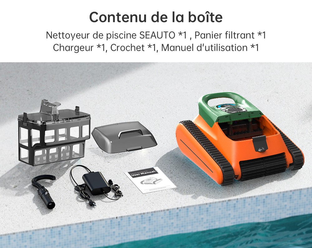 Seauto Crab Robotic Pool Cleaner sans fil, jusqu'&agrave; 2,5 heures d'autonomie, grand panier filtrant de 3,5 L, escalade des murs, nettoyage de la ligne de flottaison, charge rapide de 2,5 heures, convient pour une zone de 2000 pieds carr&eacute;s