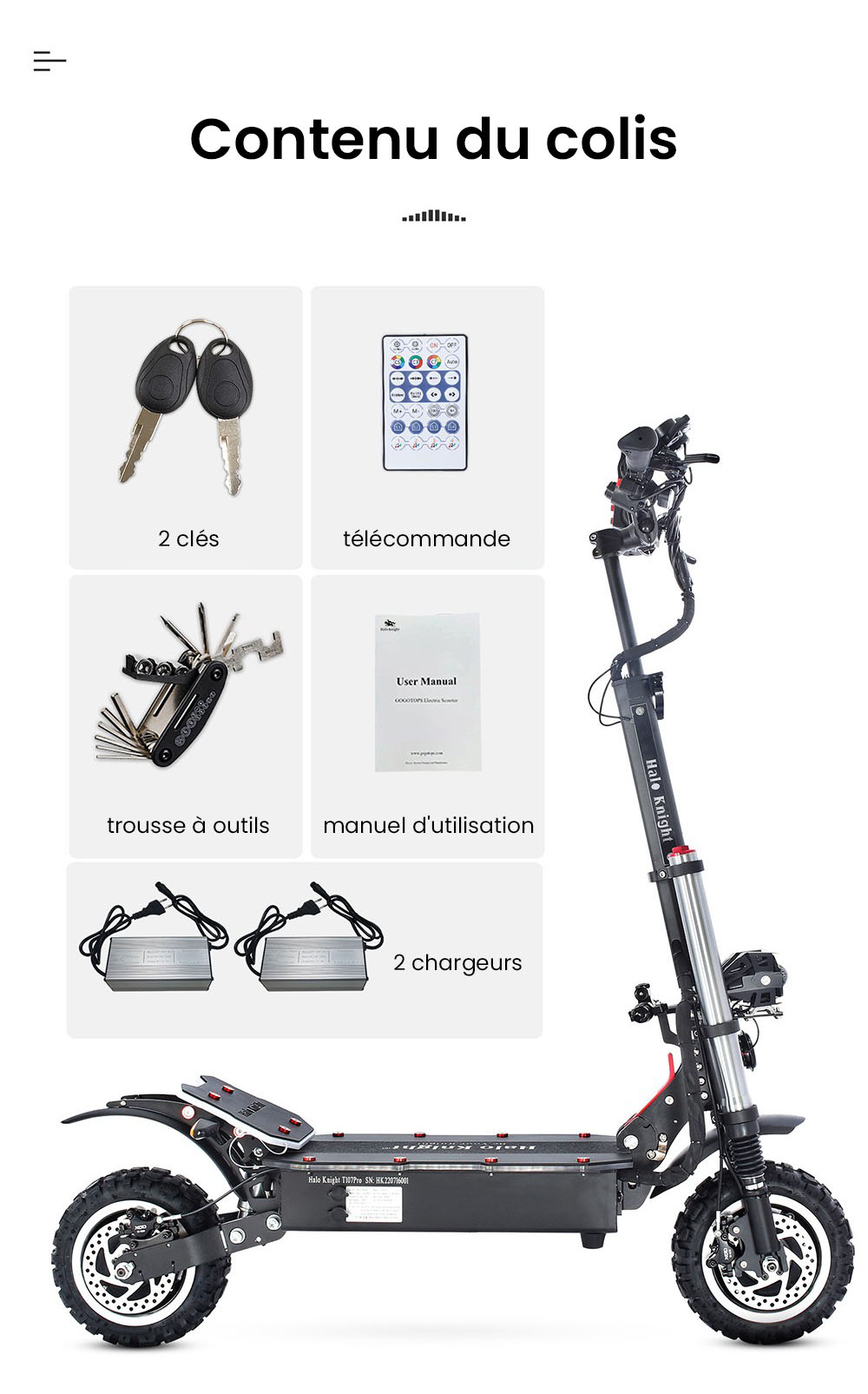 Halo Knight T107 Pro Trottinette &eacute;lectrique, Pneu tout-terrain 11 pouces, 3000W*2 Double moteur, Vitesse maximale 95 km/h, Batterie 60V 38.4Ah, Autonomie maximale 80 km