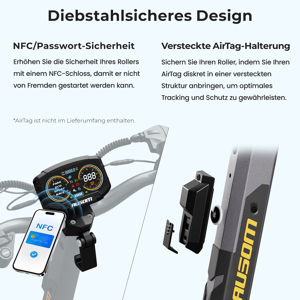 Ausom L2 Max Elektroroller, 2 x 1000 W Motor, 48 V 20,8 Ah Akku, 3 x 10 Zoll Reifen, 65 km/h H&ouml;chstgeschwindigkeit, 90 km Reichweite, Scheibenbremsen vorne und hinten, Schwingenaufh&auml;ngung, versteckte AirTag-Halterung