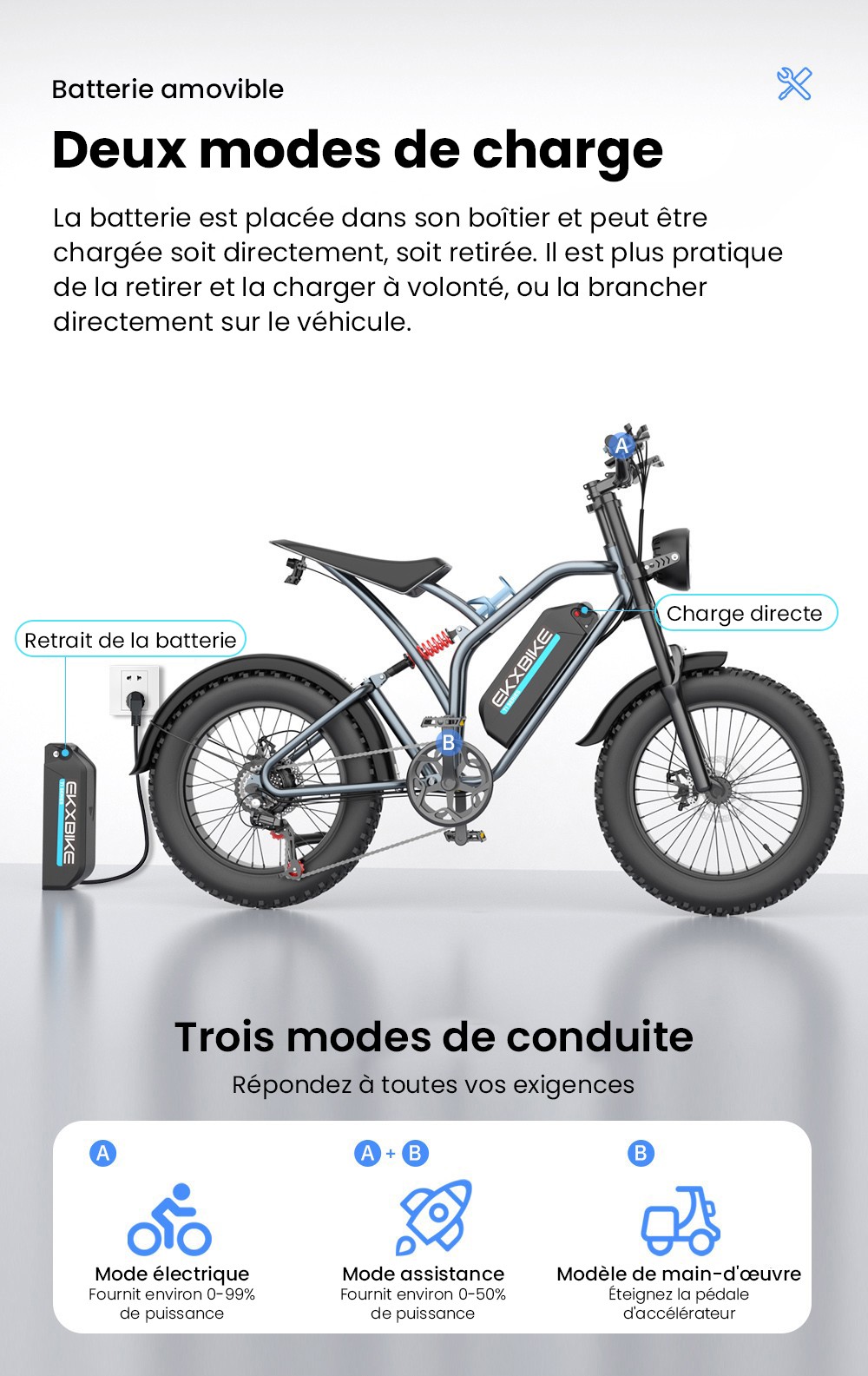 EKXBIKE T1 V&eacute;lo &eacute;lectrique, moteur 1000 W, batterie 48 V 20 Ah, pneu large 20 x 4 pouces, vitesse maximale 50 km/h, autonomie 100 km, freins &agrave; disque, amortisseur hydraulique, Shimano 7 vitesses