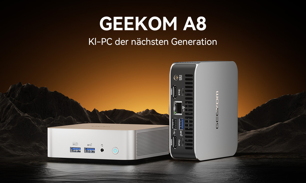 GEEKOM A8 AI Mini-PC, AMD Ryzen 7 8845HS 8 Kerne, max. 5,1 GHz, 32 GB RAM, 1 TB SSD, USB 3.2 Typ C (8K bei 30 Hz) + USB 4.0 Typ C (8K bei 30 Hz) + 2 * HDMI 2.0 (4K bei 60 Hz) Vierfach-Bildschirmanzeige, WiFi 6E Bluetooth 5.2, 3 * USB 3.2 Typ A, 1 * USB 2.0, 1 * RJ45, 1 * Headset-Buchse
