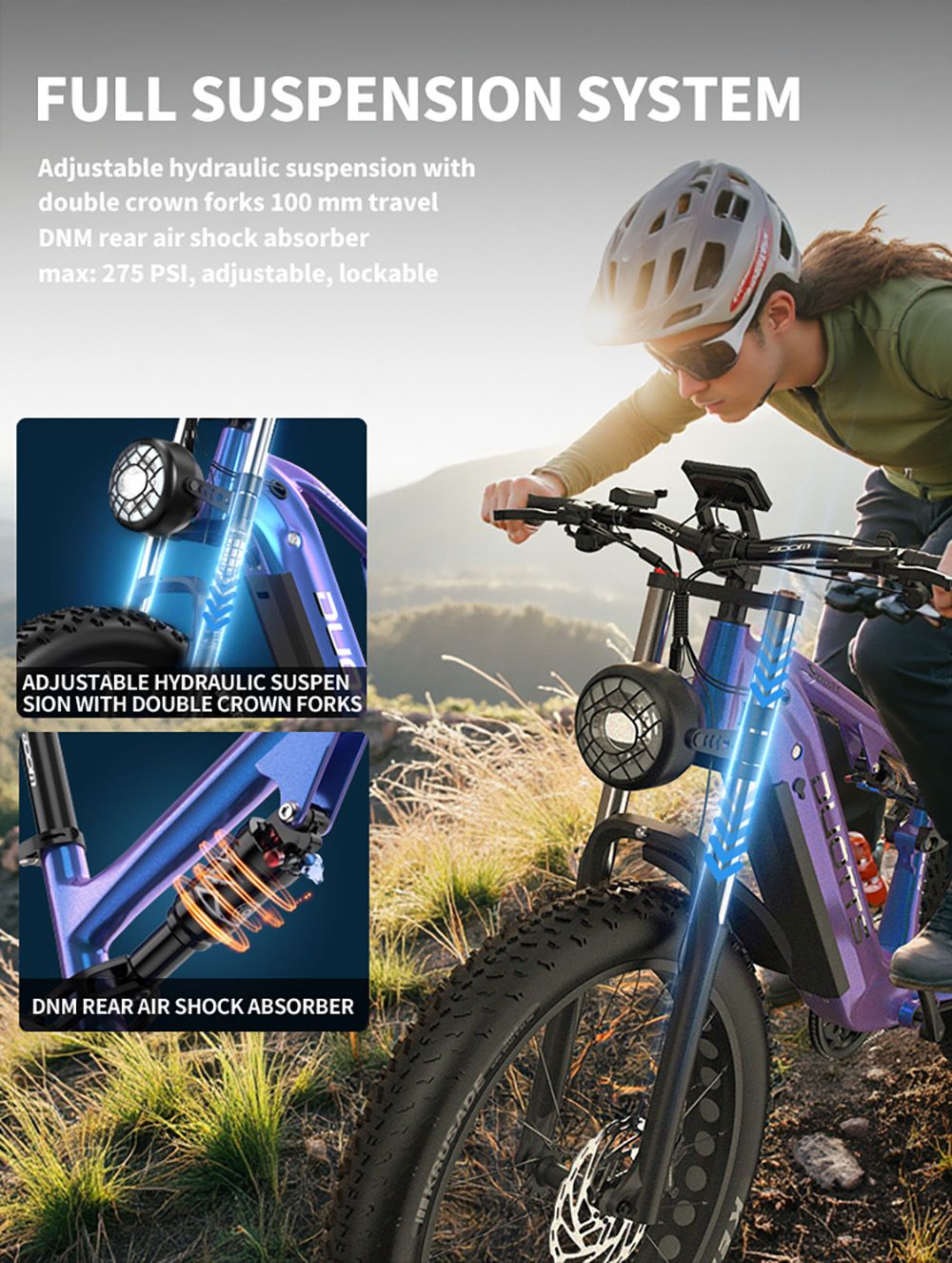 DUOTTS E26 V&eacute;lo &eacute;lectrique, moteur Bafang 750 W, capteur de couple, batterie SAMSUNG 48 V 20 Ah, pneus 26 x 4,0 pouces, vitesse maximale 55 km/h, autonomie maximale 120 km, freins &agrave; disque hydrauliques TEKTRO, suspension avant et arri&egrave;re, Shimano 8 vitesses - Bleu violet