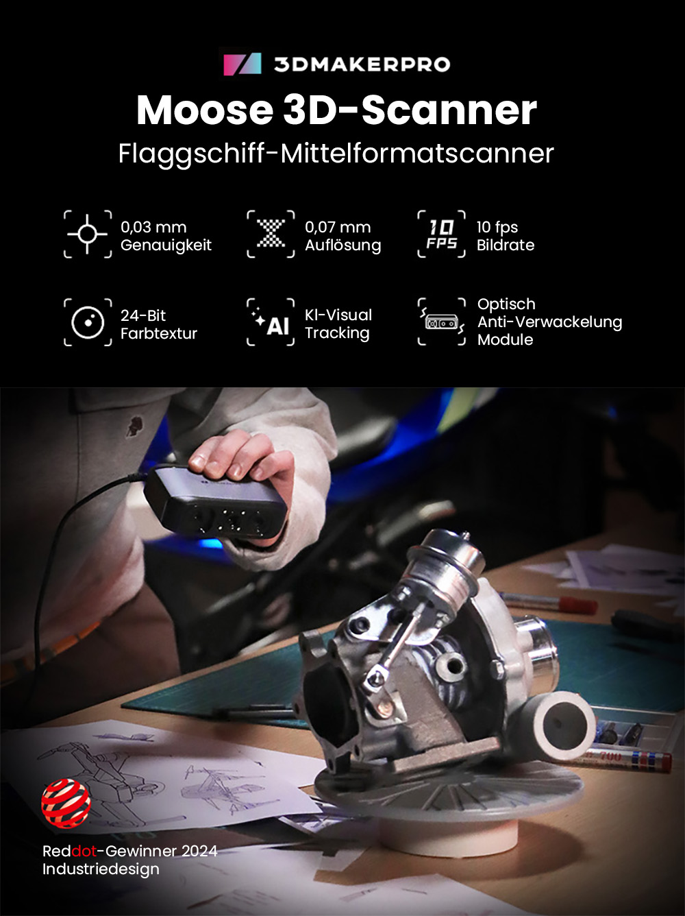 3DMakerpro Moose 3D-Scanner, 0,03 mm Genauigkeit, 0,07 mm Aufl&ouml;sung, blaue LED-Lichtquelle, 24-Bit-Farbkamera, Al Visual Tracking, 10 fps Bildrate, Anti-Shake-Objektive, kompatibel mit Windows/MacOS
