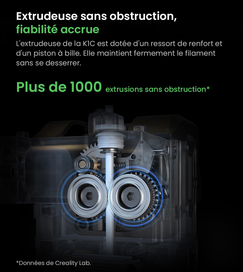 Imprimante 3D Creality K1C, vitesse maximale de 600 mm/s, mise &agrave; niveau automatique, cam&eacute;ra AI, buse &agrave; &eacute;change rapide, extrudeuse sans obstruction, imprime en fibre de carbone, filtre &agrave; air et mode silencieux