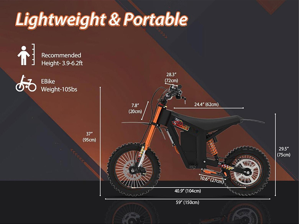 V&eacute;lo de montagne &eacute;lectrique KUGOO Wish 01, moteur 1500 W, batterie 48 V 21 Ah, vitesse maximale 55 km/h, autonomie 50 km, pneu avant 14 pouces + pneu arri&egrave;re 12 pouces, suspension hydraulique, frein hydraulique