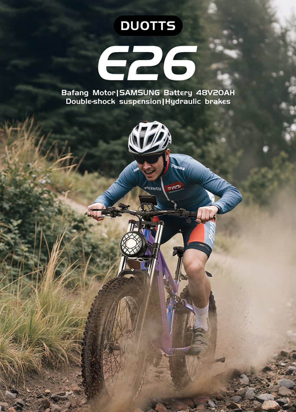 DUOTTS E26 Elektrofahrrad, 750 W Motor, 48 V 20 Ah Akku, 26 x 4,0 Zoll Reifen, 55 km/h Höchstgeschwindigkeit, 120 km Maximale Reichweite, Hydraulische Scheibenbremsen, Vorder- und Hinterradfederung, Shimano 8-Gang - Blau Lila