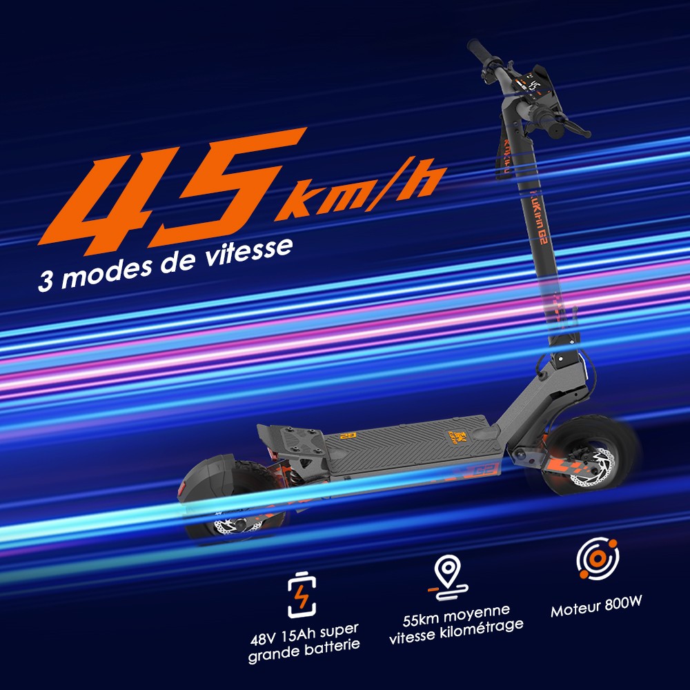 Kukirin G2 Mise &agrave; jour 2025 Trottinette &eacute;lectrique pliable , Moteur 800 W, Batterie 48 V 15 Ah, Pneu 10 pouces, Vitesse maximale 45 km/h, Autonomie 55 km, &Eacute;cran tactile, Frein &agrave; disque, Syst&egrave;me 7 lumi&egrave;res - Noir