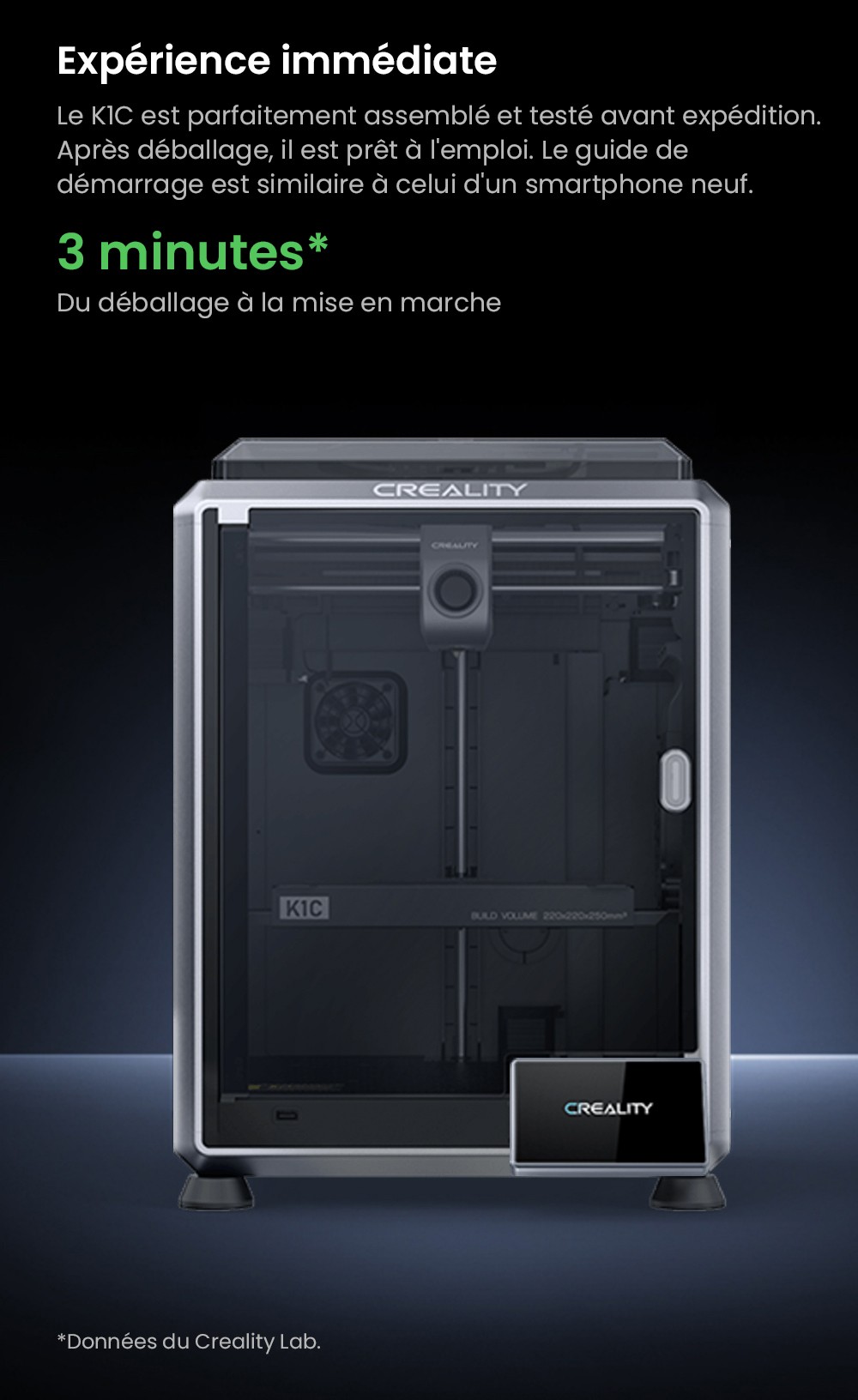 Imprimante 3D Creality K1C, vitesse maximale de 600 mm/s, cam&eacute;ra AI, buse &agrave; changement rapide, extrudeuse enti&egrave;rement en m&eacute;tal, imprime en fibre de carbone, filtre &agrave; air et mode silencieux