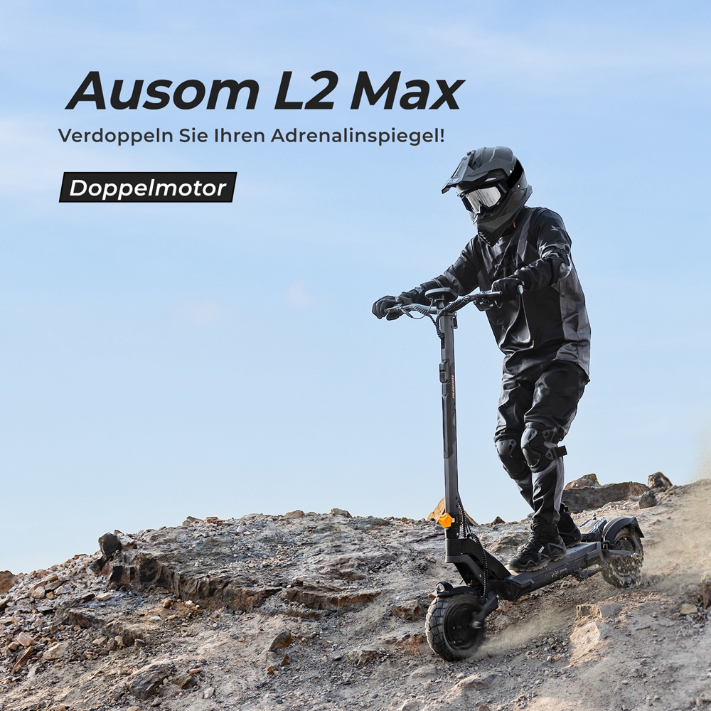 Ausom L2 Max Elektroroller, 2 x 1000 W Motor, 48 V 20,8 Ah Akku, 3 x 10 Zoll Reifen, 65 km/h H&ouml;chstgeschwindigkeit, 90 km Reichweite, Scheibenbremsen vorne und hinten, Schwingenaufh&auml;ngung, versteckte AirTag-Halterung