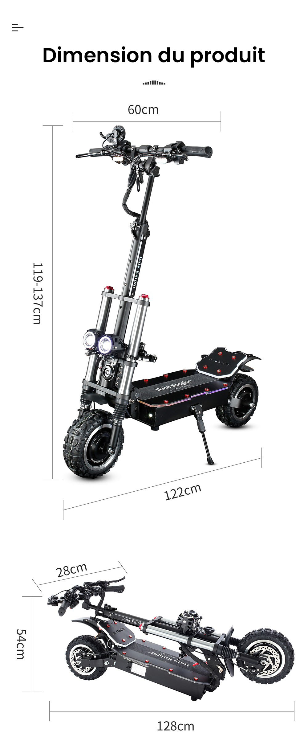 Halo Knight T107 Pro Trottinette &eacute;lectrique, Pneu tout-terrain 11 pouces, 3000W*2 Double moteur, Vitesse maximale 95 km/h, Batterie 60V 38.4Ah, Autonomie maximale 80 km