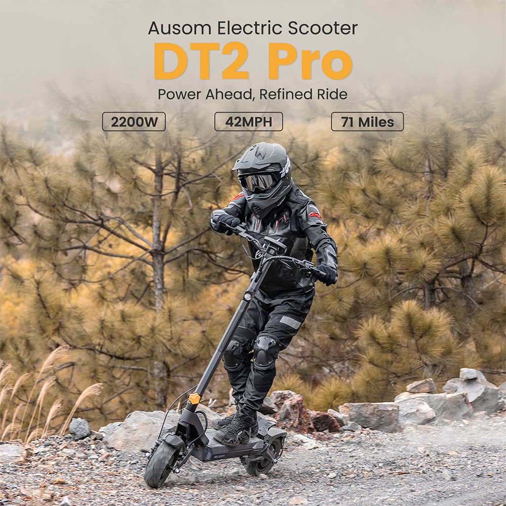 Elektrický skúter Ausom DT2 Pro, 2*1100W motor, 52V 23,4Ah, 10*3,0 palcová pneumatika, max. rýchlosť 68 km/h, max. dojazd 115 km, predné a zadné hydraulické kotúčové brzdy, odpruženie kyvného ramena