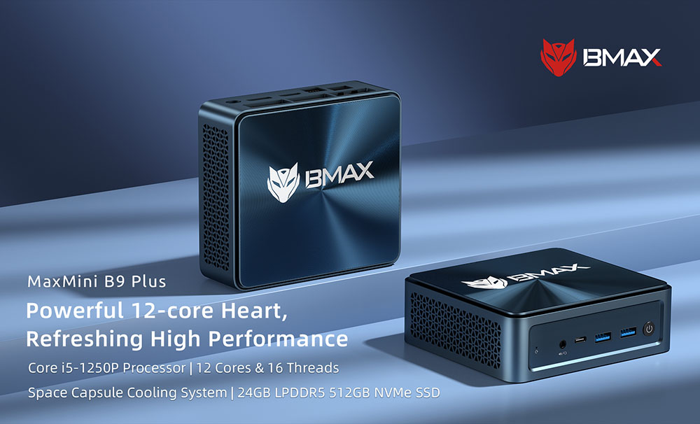 BMAX B9 Plus Mini PC, Intel Core i5-1250P 12 jadier max. 4,4 GHz, 24 GB LPDDR5 RAM 512 SSD, DP+HDMI+Type-C 4K Triple Display, podpora Dynamic HDR, WiFi 6 Bluetooth 5.2, 2*USB3.2, 2*USB2.0, 1*RJ45, 1*Headset Jack, Space Capsule Cooling System