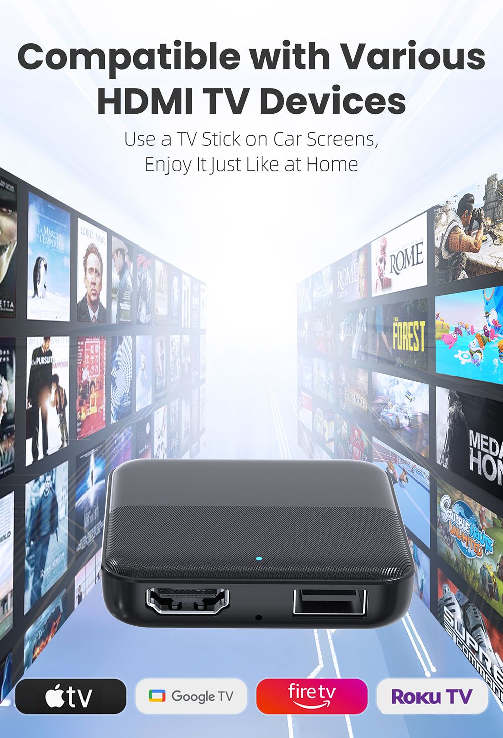 CA361 Car TV Mate Max HDMI Multimedia Adapter, Wireless CarPlay/Android Auto Converter, HDMI Input for Fire TV/Roku/Gaming, Plug & Play In-Car Entertainment System