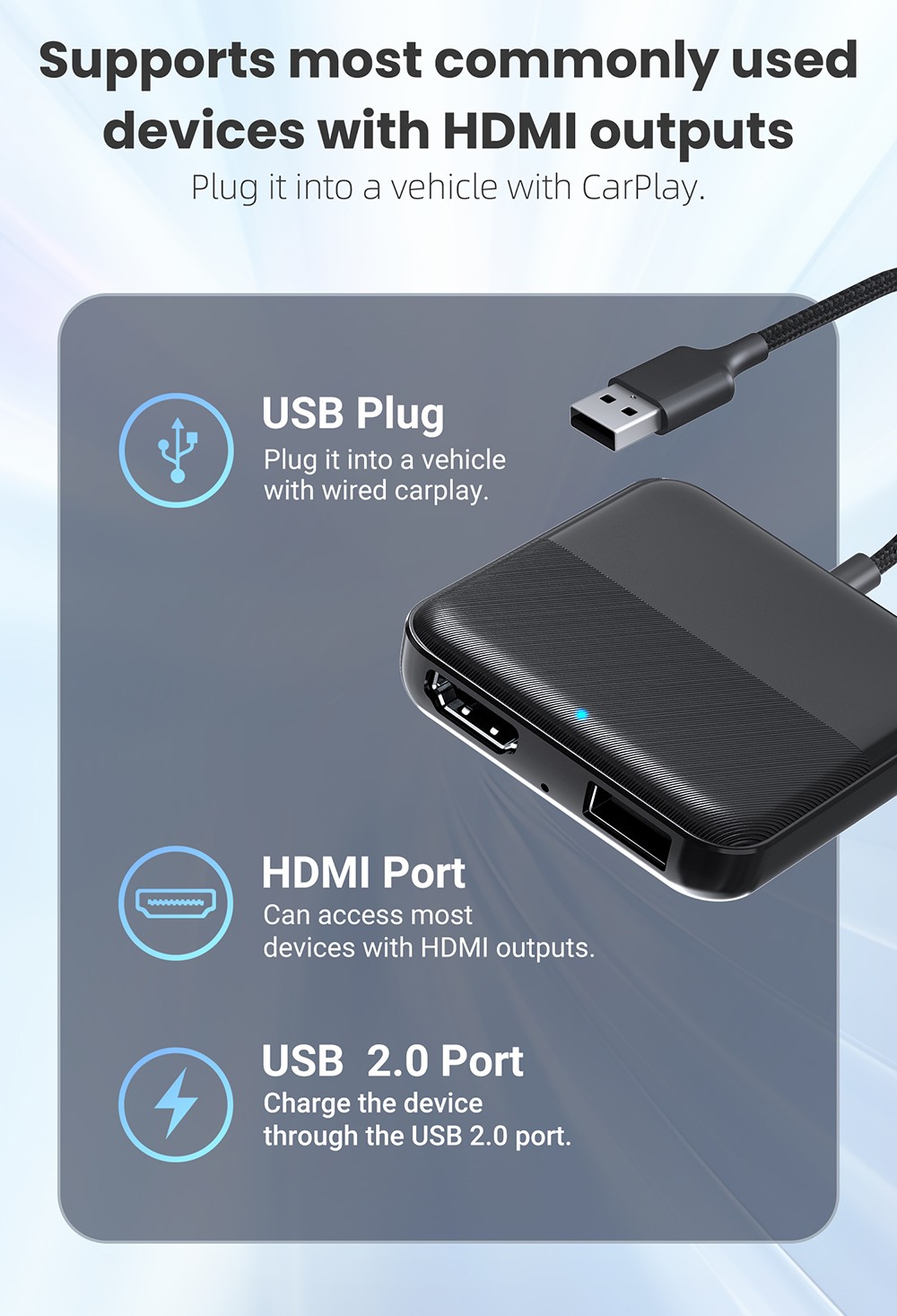 CA361 Car TV Mate Max HDMI Multimedia Adapter, Wireless CarPlay/Android Auto Converter, HDMI Input for Fire TV/Roku/Gaming, Plug & Play In-Car Entertainment System