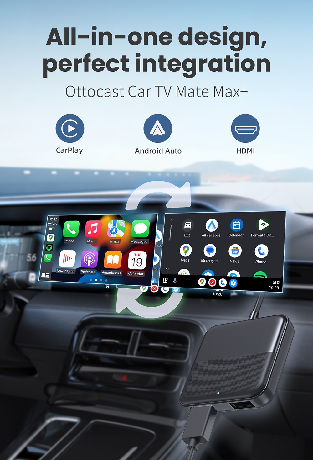 CA361 Car TV Mate Max HDMI Multimedia Adapter, Wireless CarPlay/Android Auto Converter, HDMI Input for Fire TV/Roku/Gaming, Plug & Play In-Car Entertainment System