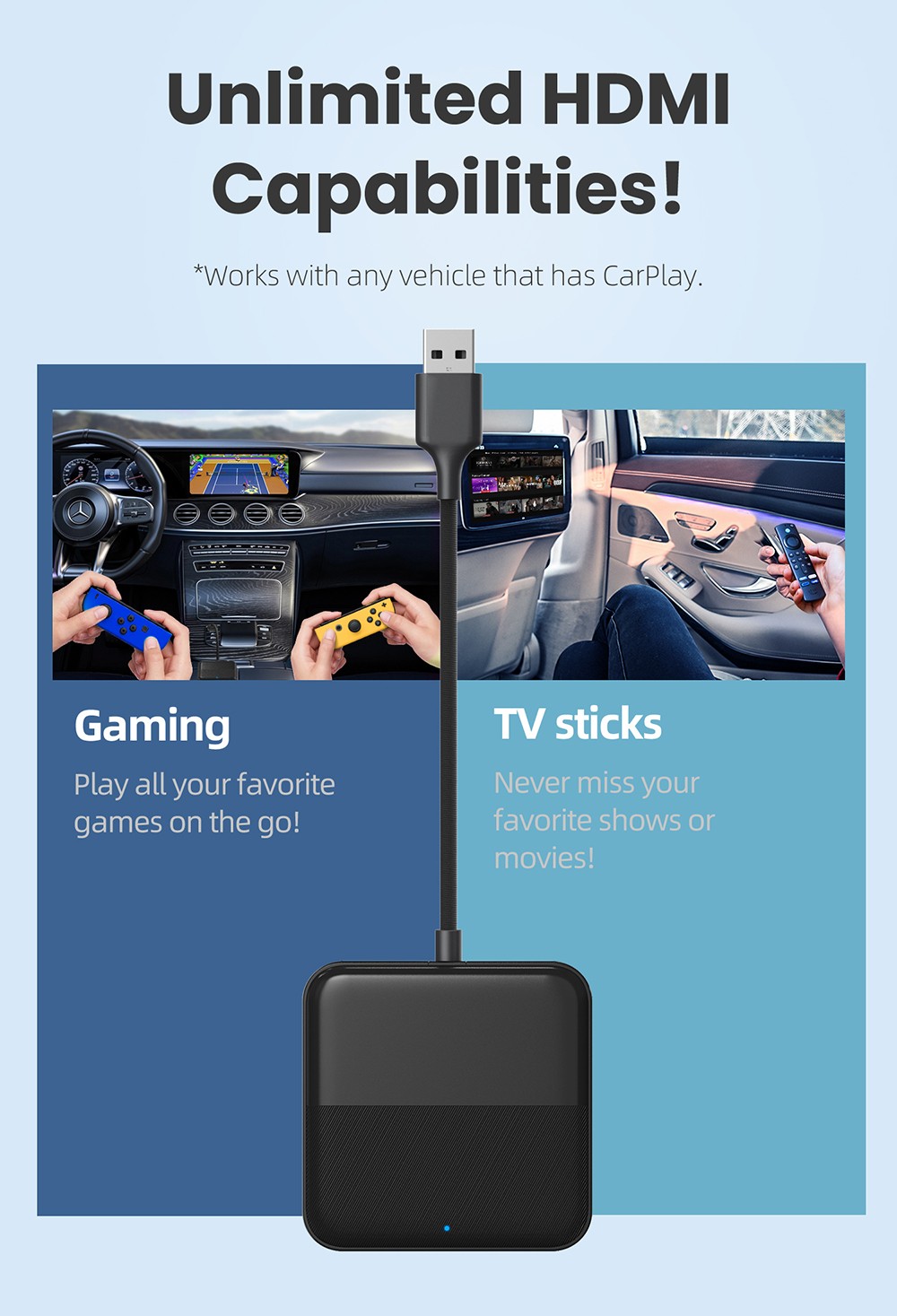 CA361 Car TV Mate Max HDMI Multimedia Adapter, Wireless CarPlay/Android Auto Converter, HDMI Input for Fire TV/Roku/Gaming, Plug & Play In-Car Entertainment System