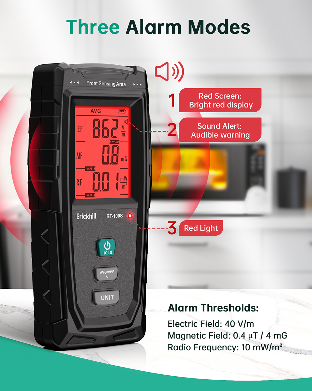 ERICKHILL RT-100S 3 in 1 EMF Detector, Rechargeable Digital Electromagnetic Field Radiation Detector, for Home EMF Inspections, Ghost Hunting