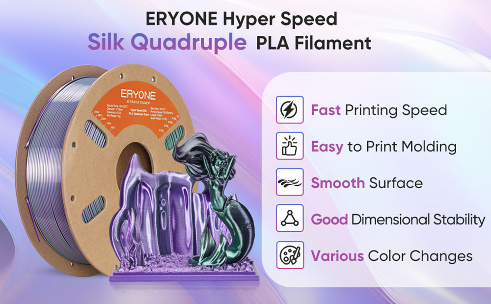 ERYONE High Speed Four-color Silk PLA Filament, 1kg - Royal Essence (Black & Purple & Silver & Dark Green)