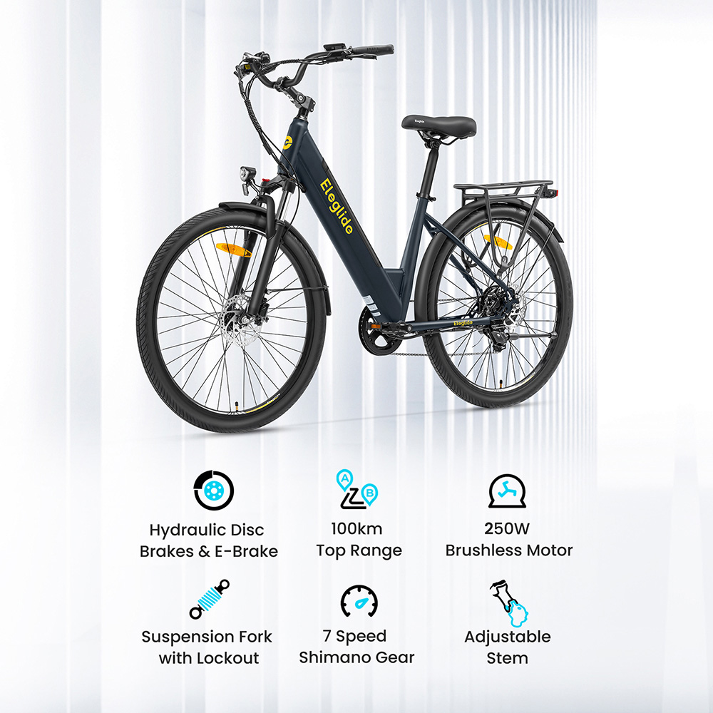 Elektrobicykel Eleglide T2, 250W motor, 36V 13Ah batéria, pneumatiky 27,5*2,1 palca, max. rýchlosť 25 km/h, max. dojazd 100 km, hydraulické kotúčové brzdy, odpružená vidlica s uzamykaním, Shimano 7 rýchlostí, LCD displej, ovládanie pomocou aplikácie