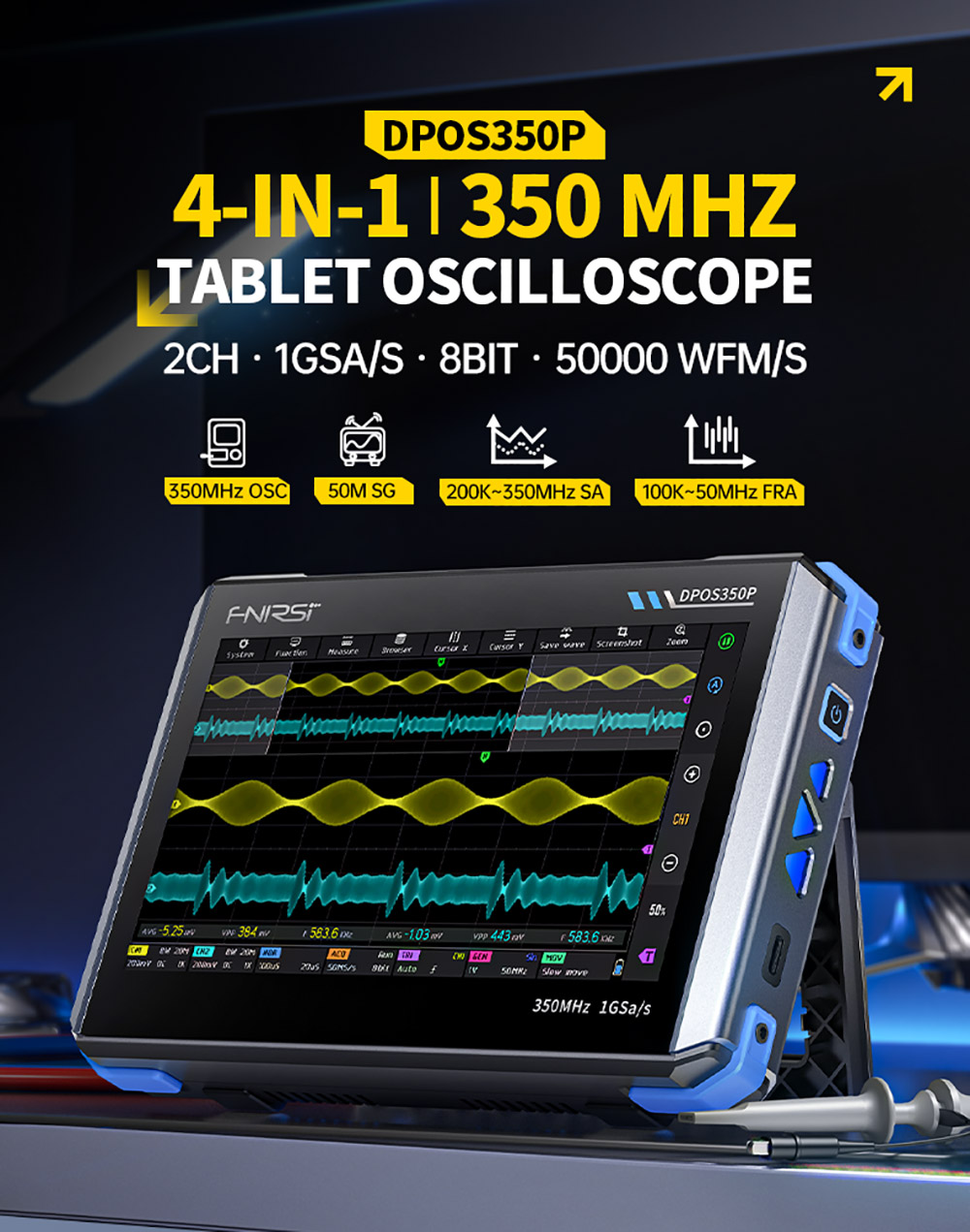 FNIRSI DPOS350P 4-in-1 Tablet Oscilloscope, 1GSPS Sampling, 50MHz Signal Generator, Spectrum Analyzer, 7inch Touchscreen, QC18W Fast Charging - EU Plug