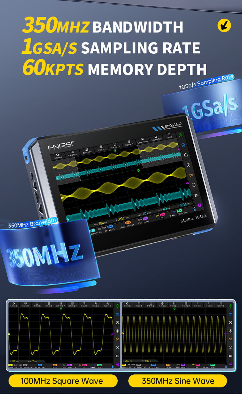 FNIRSI DPOS350P 4-in-1 Tablet Oscilloscope, 1GSPS Sampling, 50MHz Signal Generator, Spectrum Analyzer, 7inch Touchscreen, QC18W Fast Charging - EU Plug