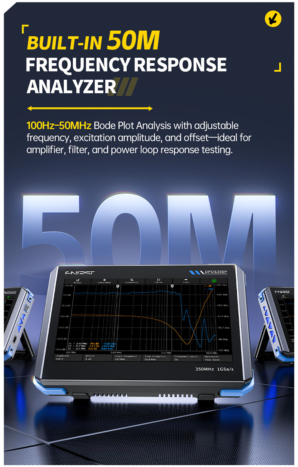 FNIRSI DPOS350P 4-in-1 Tablet Oscilloscope, 1GSPS Sampling, 50MHz Signal Generator, Spectrum Analyzer, 7inch Touchscreen, QC18W Fast Charging - EU Plug