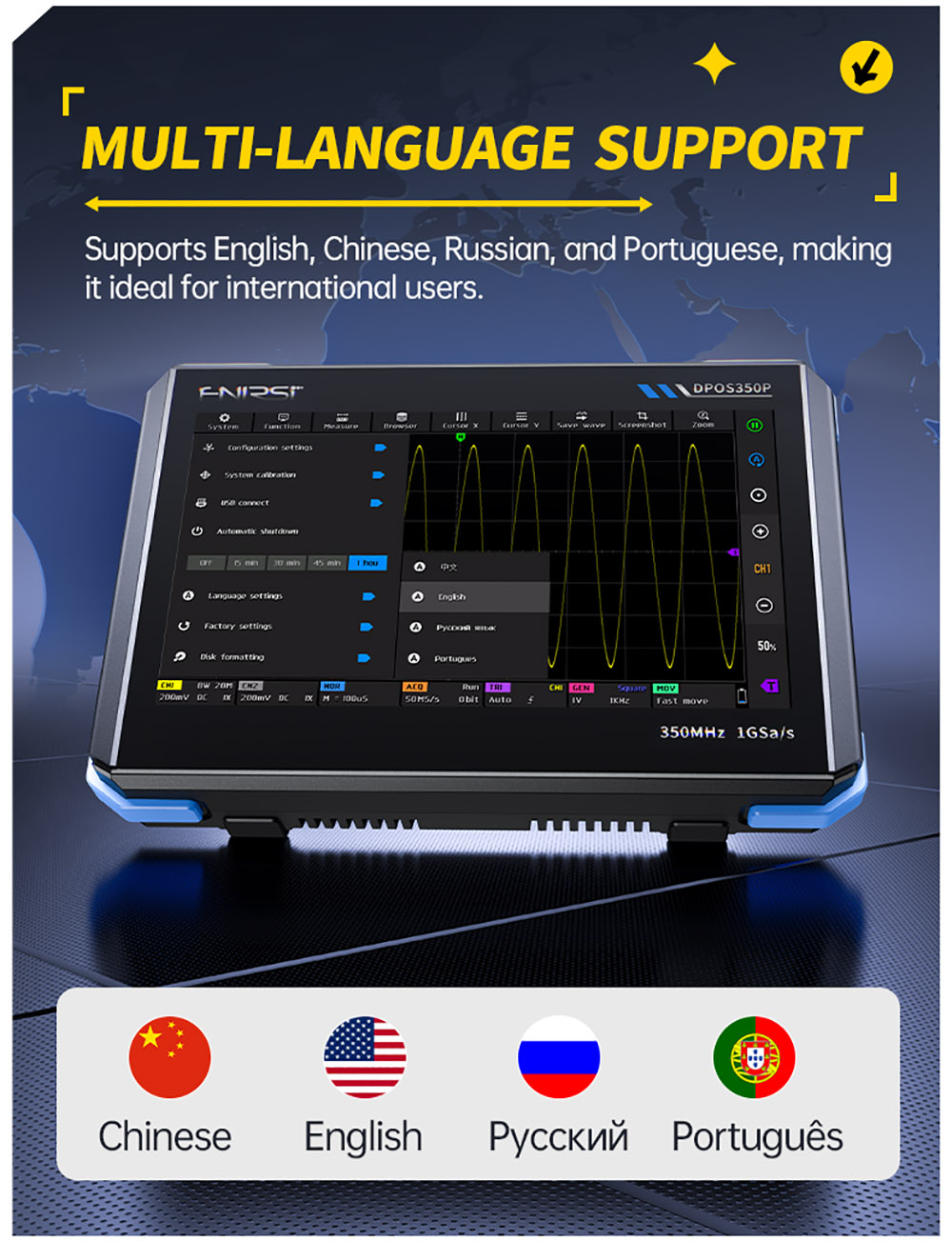 FNIRSI DPOS350P 4-in-1 Tablet Oscilloscope, 1GSPS Sampling, 50MHz Signal Generator, Spectrum Analyzer, 7inch Touchscreen, QC18W Fast Charging - EU Plug