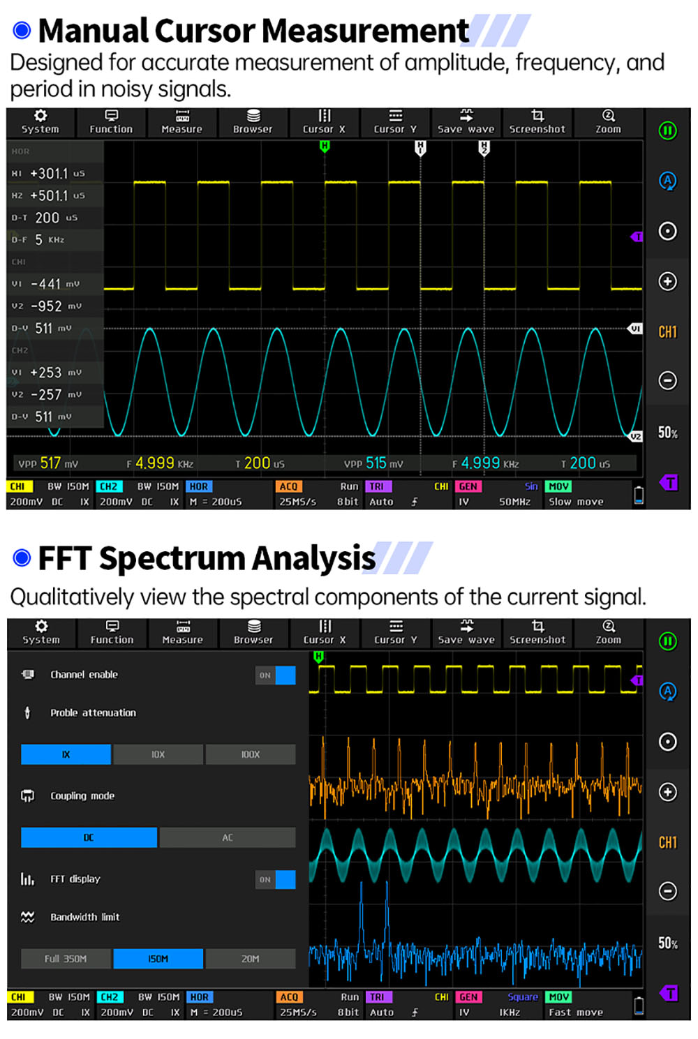 FNIRSI DPOS350P 4-in-1 Tablet Oscilloscope, 1GSPS Sampling, 50MHz Signal Generator, Spectrum Analyzer, 7inch Touchscreen, QC18W Fast Charging - EU Plug