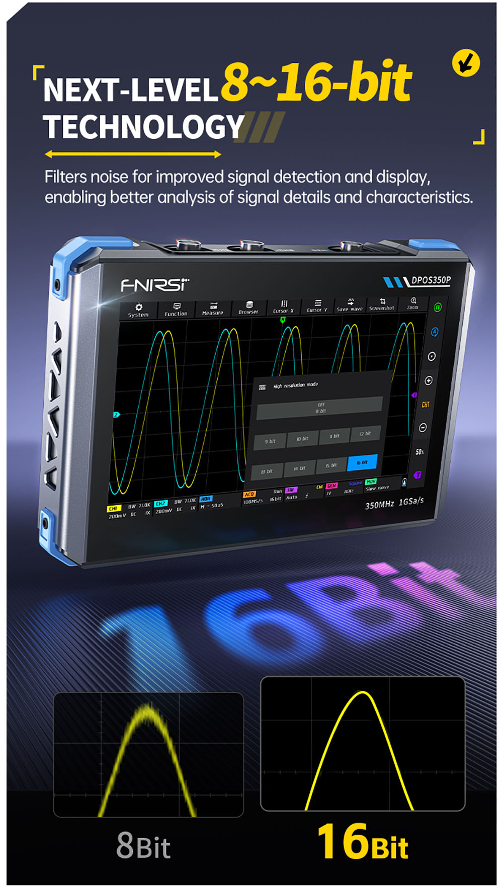 FNIRSI DPOS350P 4-in-1 Tablet Oscilloscope, 1GSPS Sampling, 50MHz Signal Generator, Spectrum Analyzer, 7inch Touchscreen, QC18W Fast Charging - EU Plug