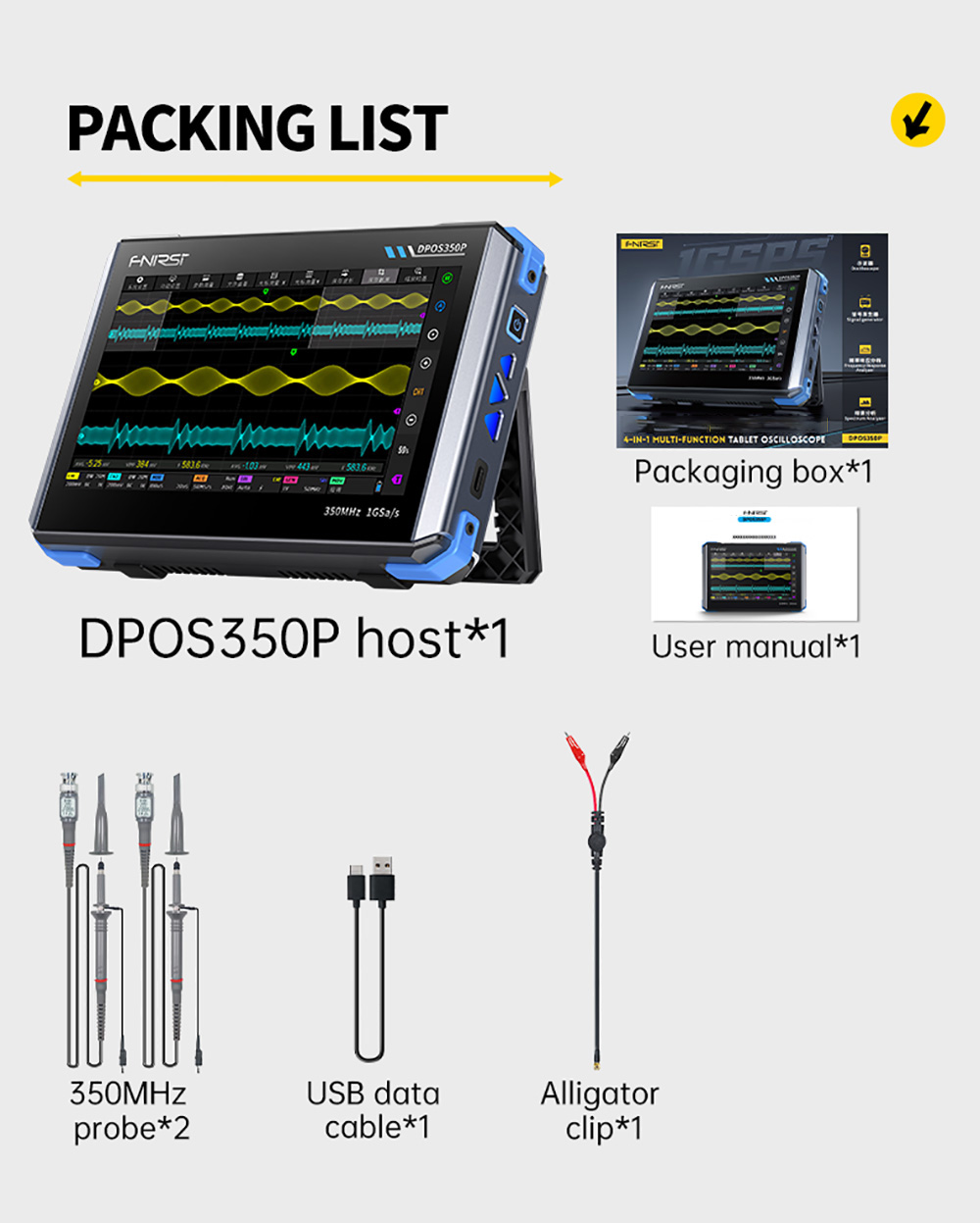 FNIRSI DPOS350P 4-in-1 Tablet Oscilloscope, 1GSPS Sampling, 50MHz Signal Generator, Spectrum Analyzer, 7inch Touchscreen, QC18W Fast Charging - EU Plug