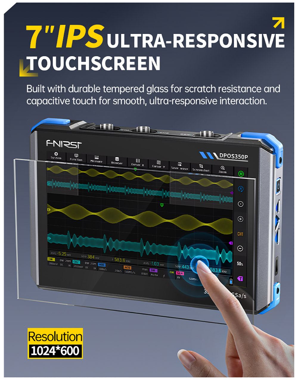 FNIRSI DPOS350P 4-in-1 Tablet Oscilloscope, 1GSPS Sampling, 50MHz Signal Generator, Spectrum Analyzer, 7inch Touchscreen, QC18W Fast Charging - EU Plug