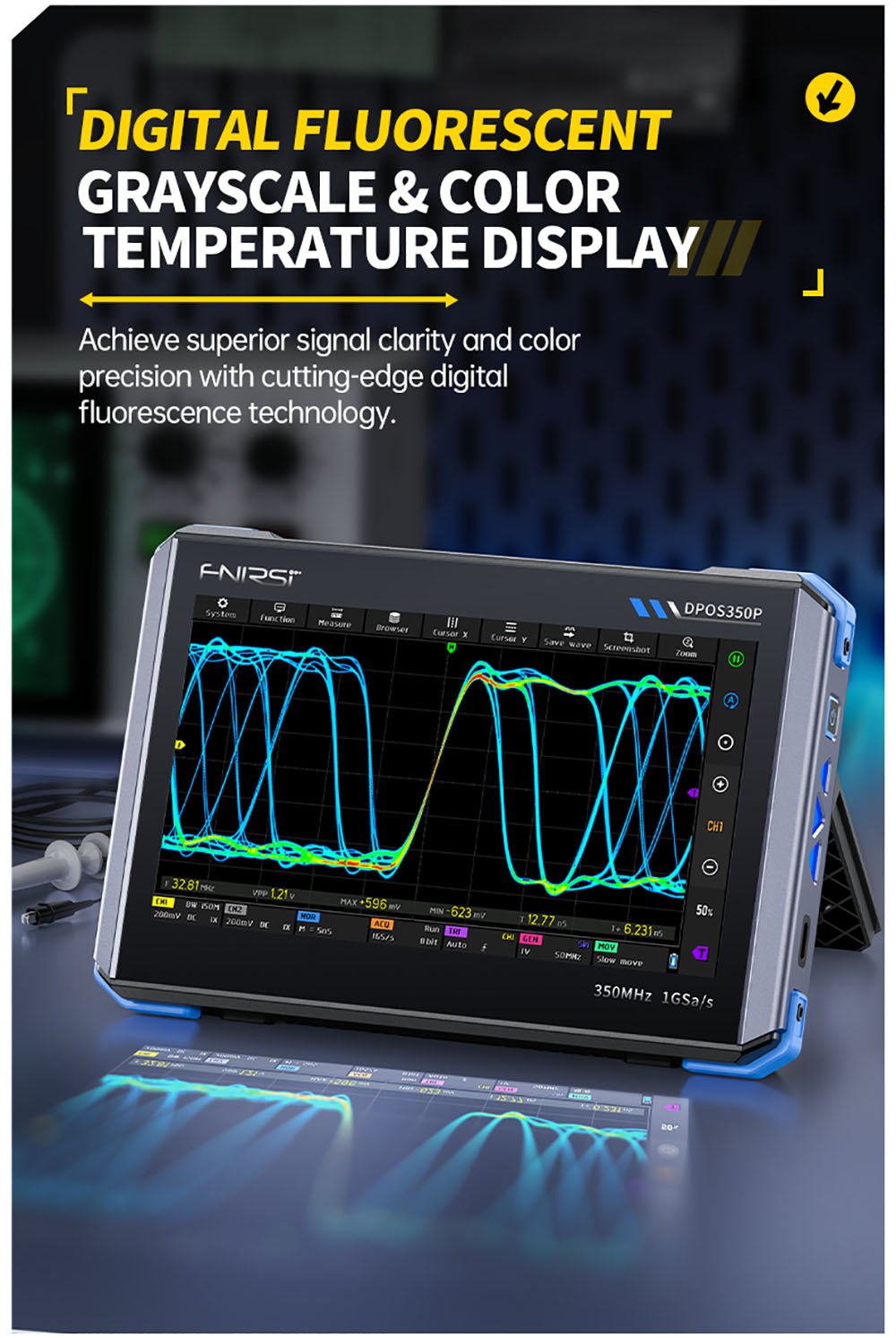 FNIRSI DPOS350P 4-in-1 Tablet Oscilloscope, 1GSPS Sampling, 50MHz Signal Generator, Spectrum Analyzer, 7inch Touchscreen, QC18W Fast Charging - EU Plug