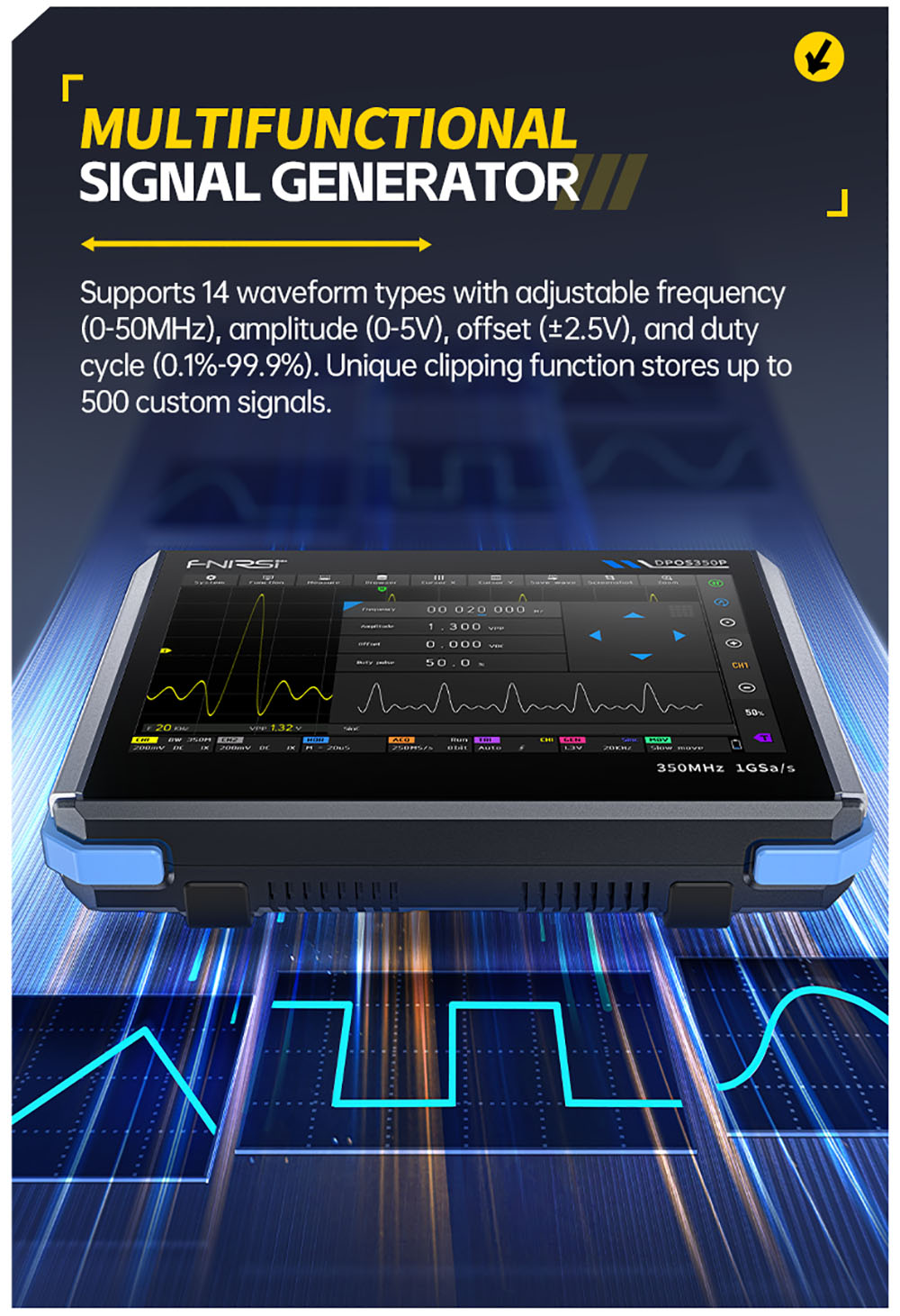 FNIRSI DPOS350P 4-in-1 Tablet Oscilloscope, 1GSPS Sampling, 50MHz Signal Generator, Spectrum Analyzer, 7inch Touchscreen, QC18W Fast Charging - EU Plug