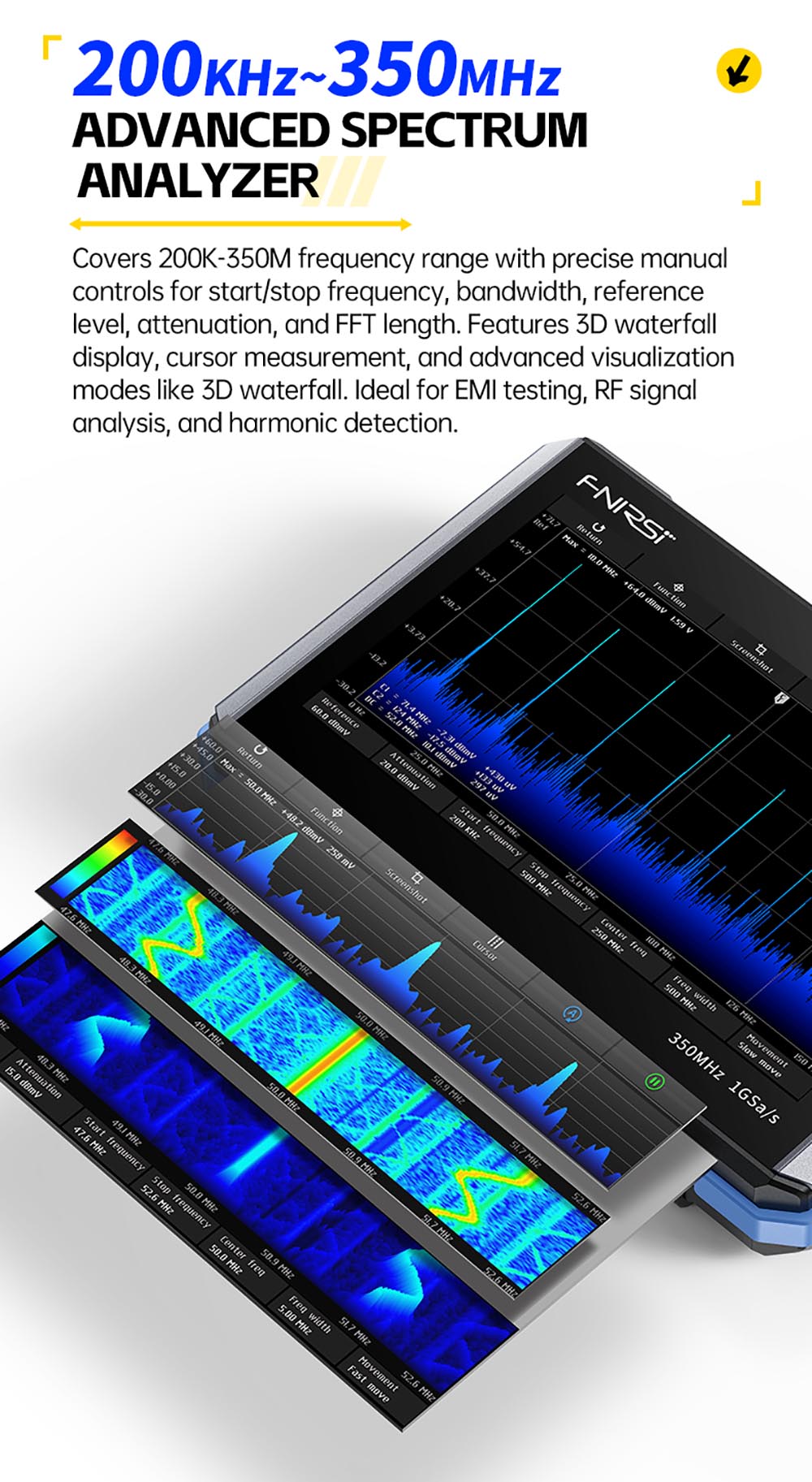 FNIRSI DPOS350P 4-in-1 Tablet Oscilloscope, 1GSPS Sampling, 50MHz Signal Generator, Spectrum Analyzer, 7inch Touchscreen, QC18W Fast Charging - EU Plug
