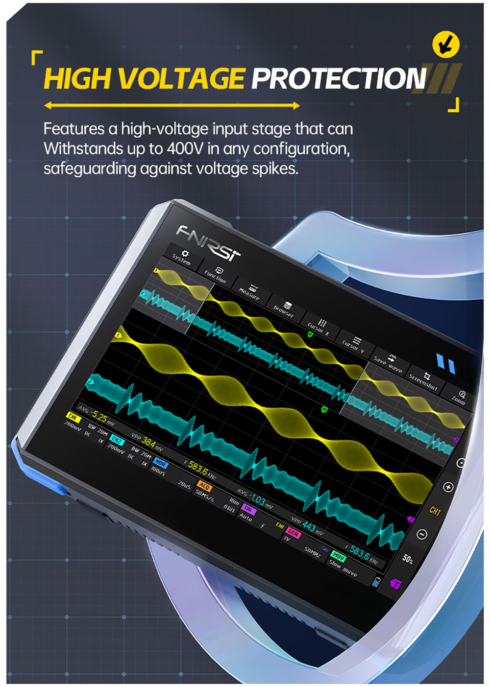 FNIRSI DPOS350P 4-in-1 Tablet Oscilloscope, 1GSPS Sampling, 50MHz Signal Generator, Spectrum Analyzer, 7inch Touchscreen, QC18W Fast Charging - EU Plug