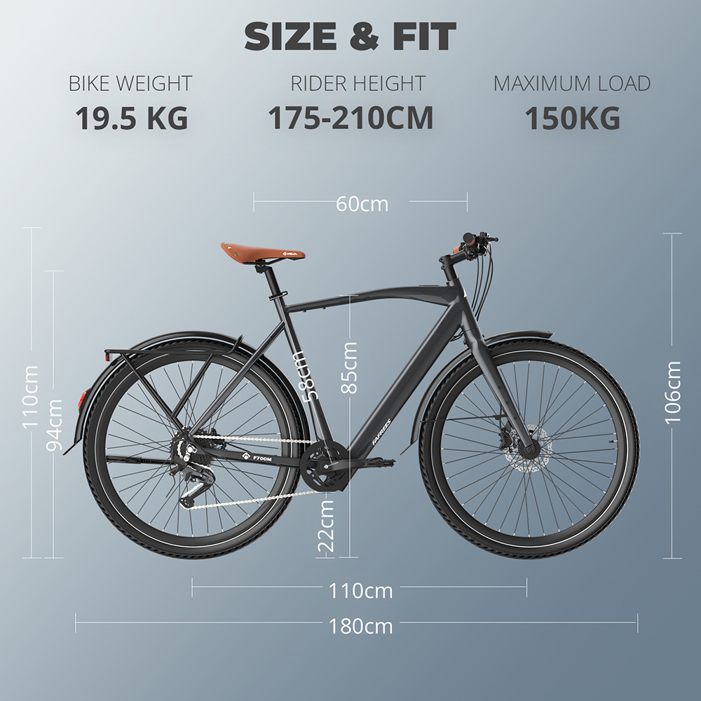 Elektrobicykel Fafrees F700M, 250W motor, 36V 10Ah batéria, pneumatiky 700*42C, max. rýchlosť 25 km/h, max. dojazd 100 km, hydraulické kotúčové brzdy, senzor krútiaceho momentu, 9-rýchlostný SHIMANO CUES - modrý