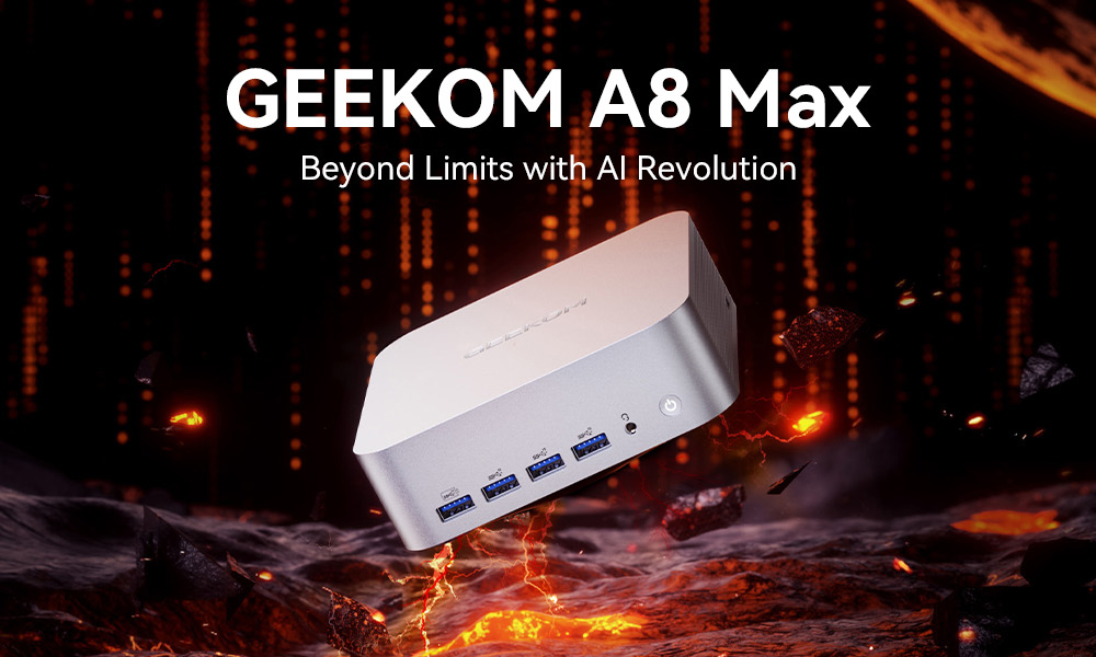 GEEKOM A8 Max AI Mini-PC, AMD Ryzen 7 8845HS 8 Core Max 5,1 GHz, 32 GB RAM, 1 TB SSD, 2 * USB4 + 2 * HDMI2.0 8K Quad-Displays, WiFi 6E Bluetooth 5.2, Dual 2,5G LAN, 5 * USB3.2, 1 * USB2.0, 1 * SD-Kartenleser, 1 * 3,5 mm Audiobuchse, IceBlast 2.0 K&uuml;hlsystem